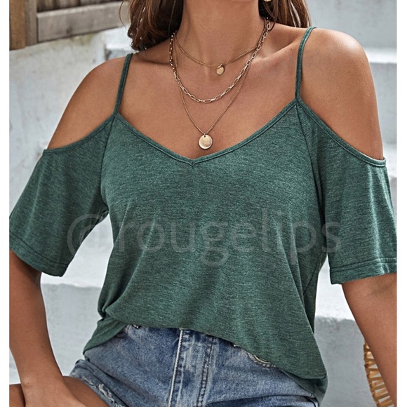 Green Casual Tee Shirt Cold Shoulder Short Sleeve - Picture 1 of 12